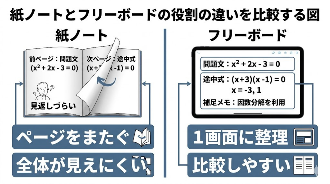 紙ノートとフリーボードの違いを比較した図。紙ノートはページが分かれ、フリーボードは1画面で情報を整理できることを示している