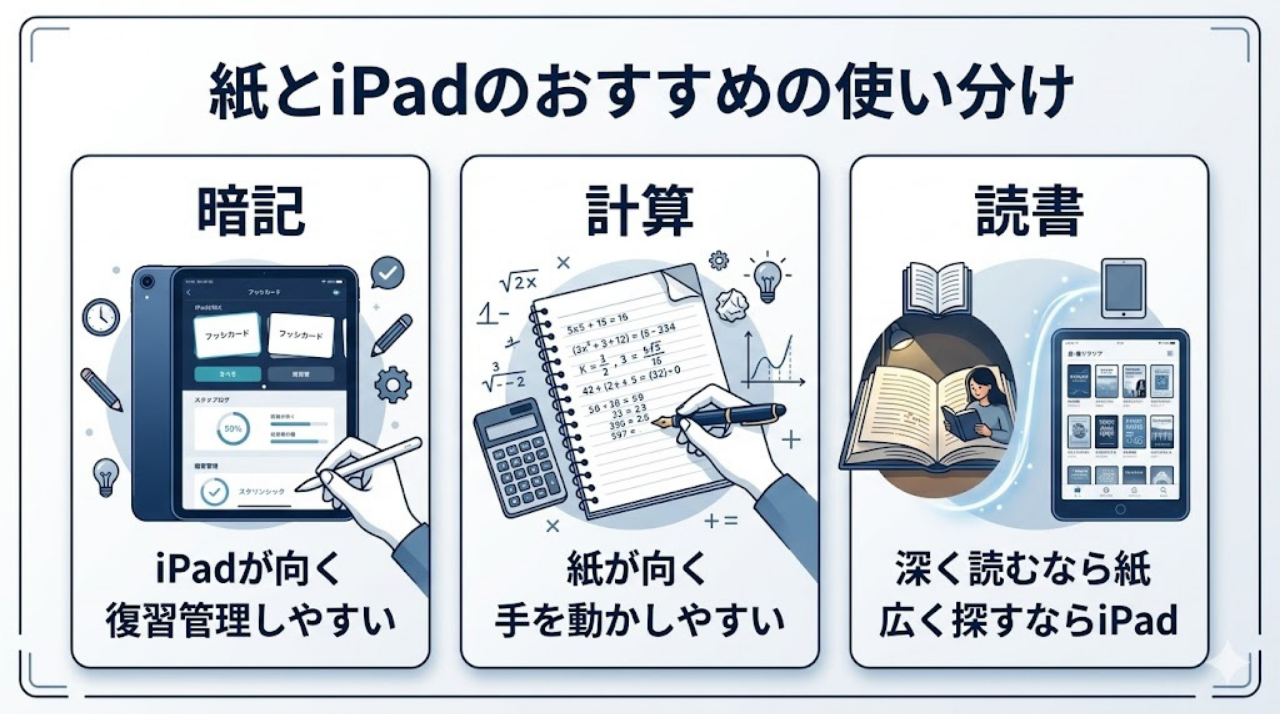 暗記・計算・読書ごとに紙とiPadの使い分けを整理した日本語インフォグラフィック