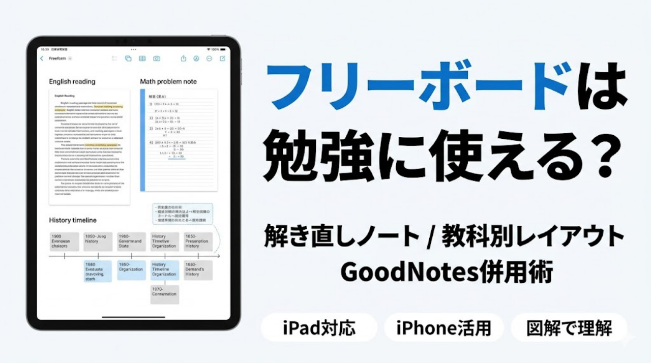 フリーボードを勉強に活用する方法を紹介するアイキャッチ画像。iPad上の解き直しノート、教科別レイアウト、GoodNotes併用のイメージを表示