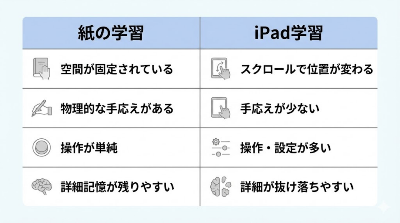 紙学習とデジタル学習の構造的な違いを比較したインフォグラフィック