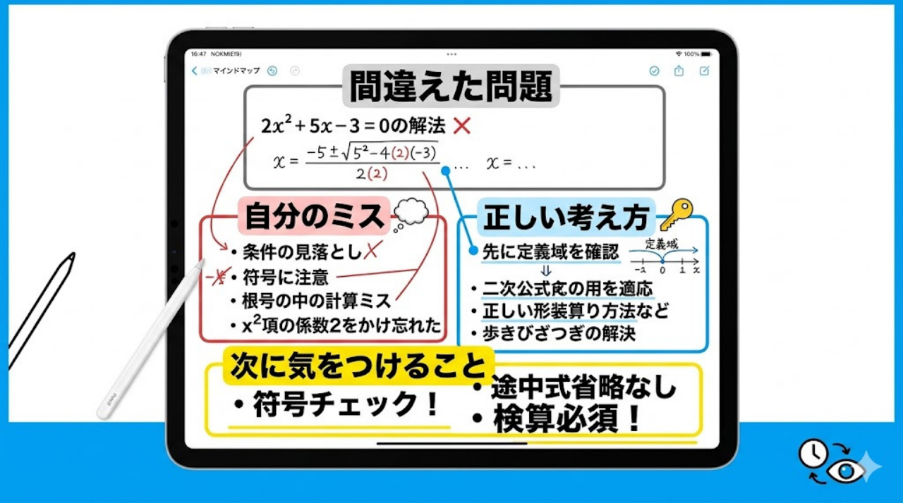 フリーボードで作る解き直しノートの完成例。間違えた問題、自分のミス、正しい考え方、次に気をつけることを1画面に整理している