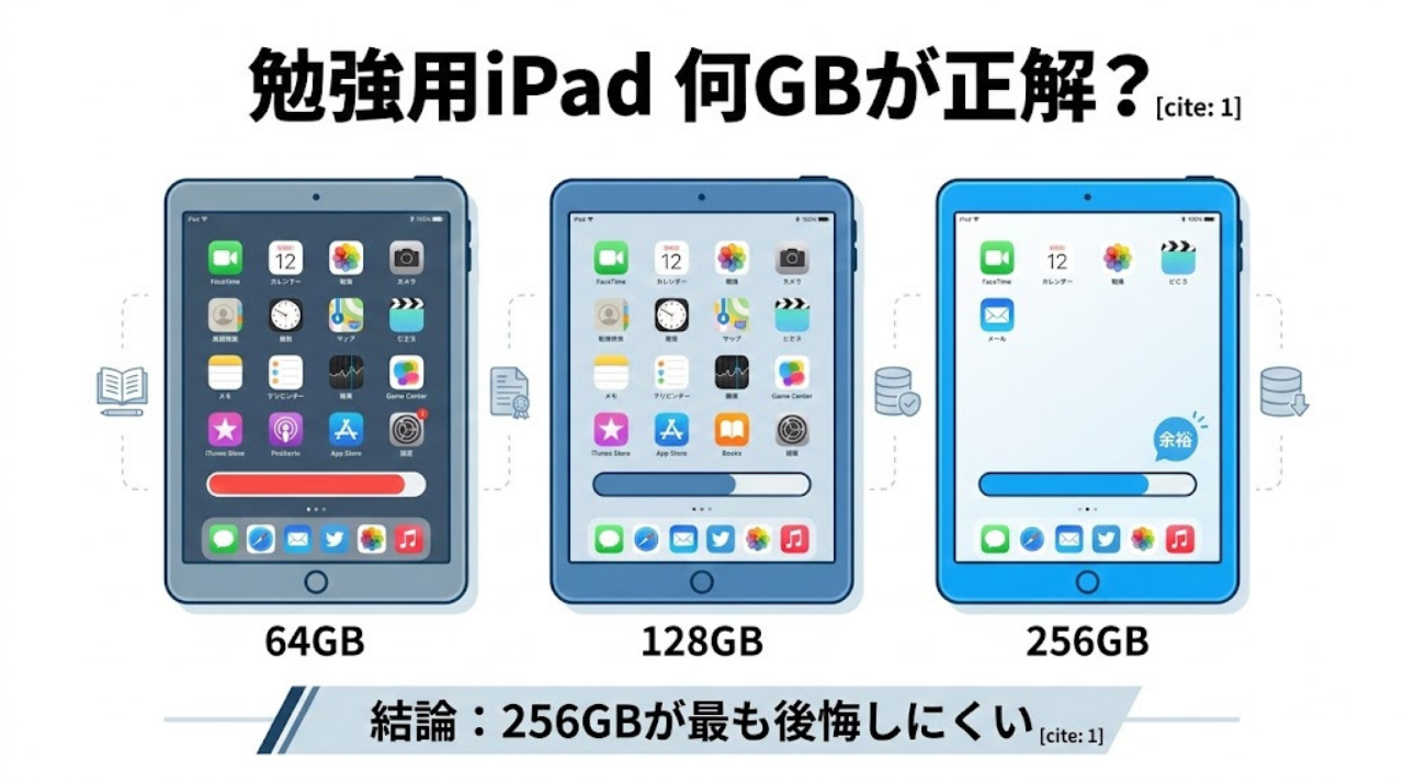勉強用iPadの容量比較イメージ（64GB・128GB・256GB）