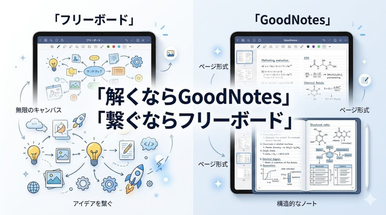 フリーボードとGoodNotesの使い分けイメージ比較図