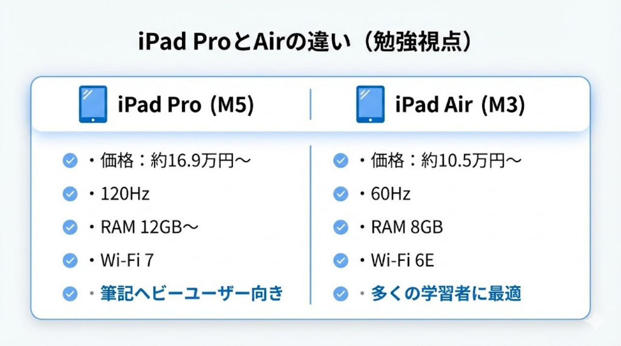 iPad ProとiPad Airのスペック比較インフォグラフィック(勉強用途視点)