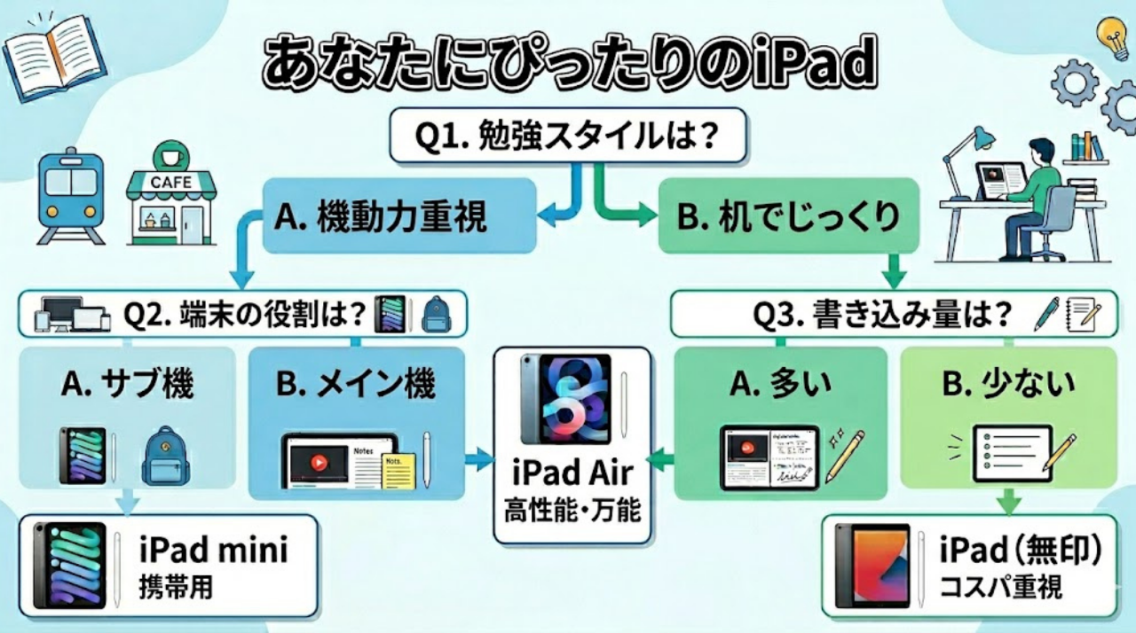 iPad miniとiPad Airと無印iPadの選び方を判断できる診断チャート画像