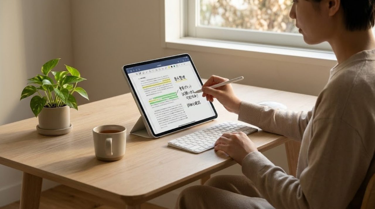 iPadでPDFに書き込みしながら勉強しているイメージ画像