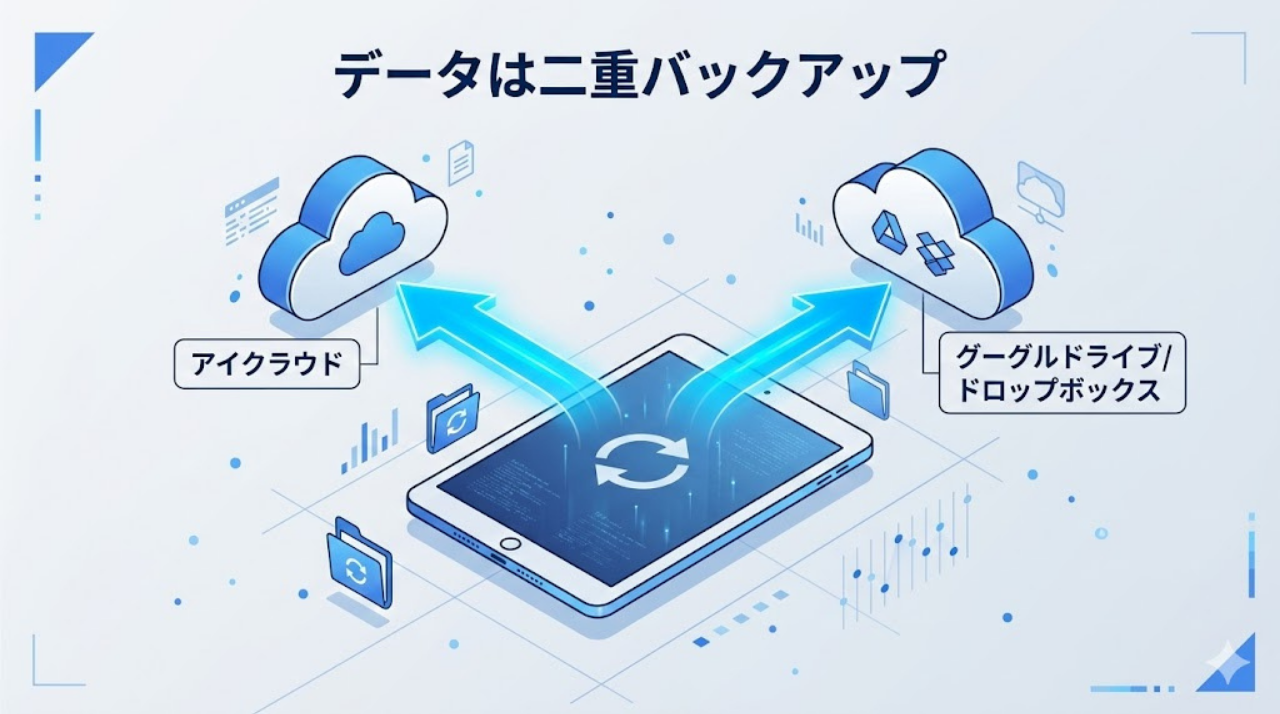 iPadのノートデータをクラウドに二重バックアップしているイメージ図