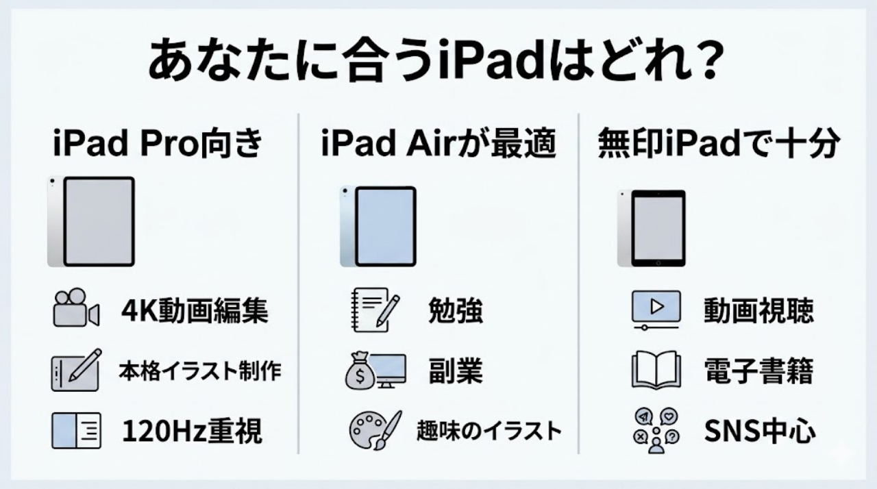 iPad Pro、iPad Air、無印iPadのどれがどんな人に向いているかを3カラムで整理した比較インフォグラフィック
