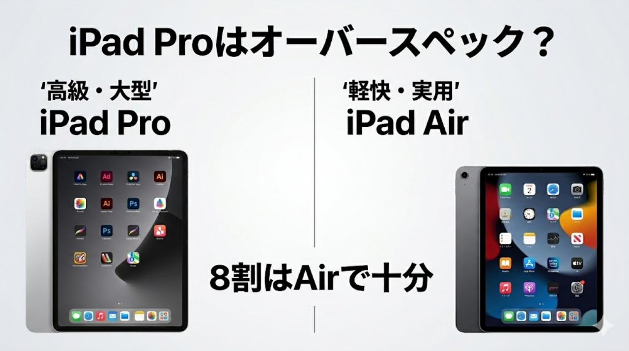 iPad ProとiPad Airを比較し、8割はAirで十分というテーマを示したアイキャッチ画像