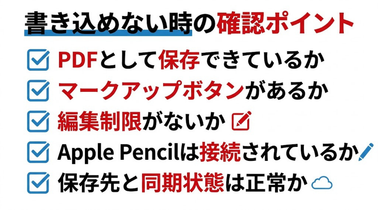 iPadでPDFに書き込めない時に確認するポイントをまとめたチェックリスト画像