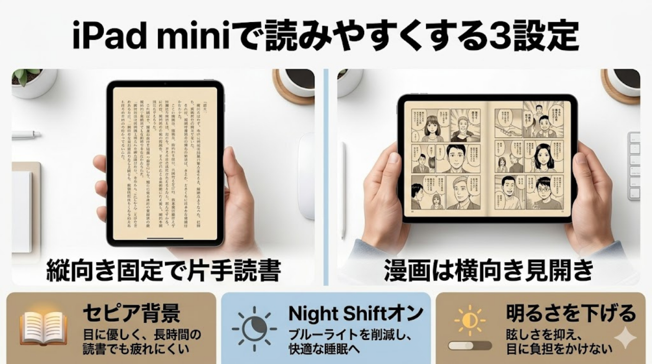 iPad miniで片手読書や漫画を読みやすくする設定をまとめた図