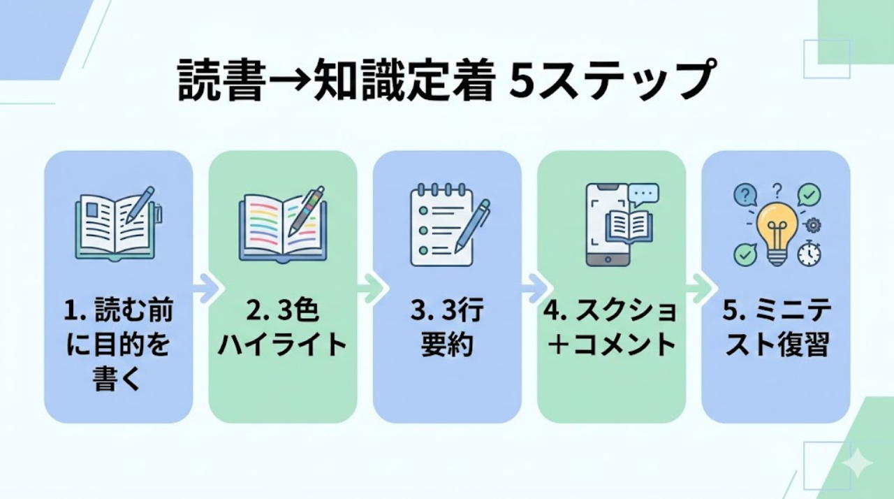 読書から知識定着までの5ステップ学習フロー図