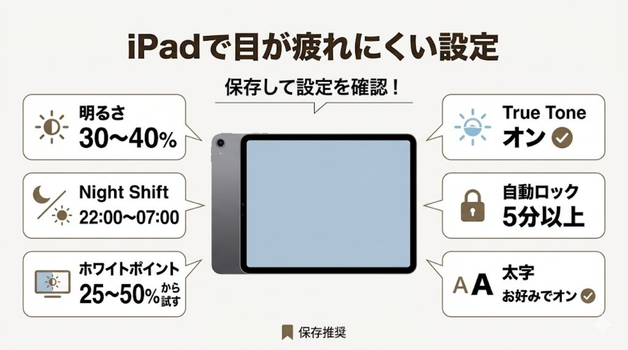 iPadで目が疲れにくい読書設定を数値付きでまとめたインフォグラフィック