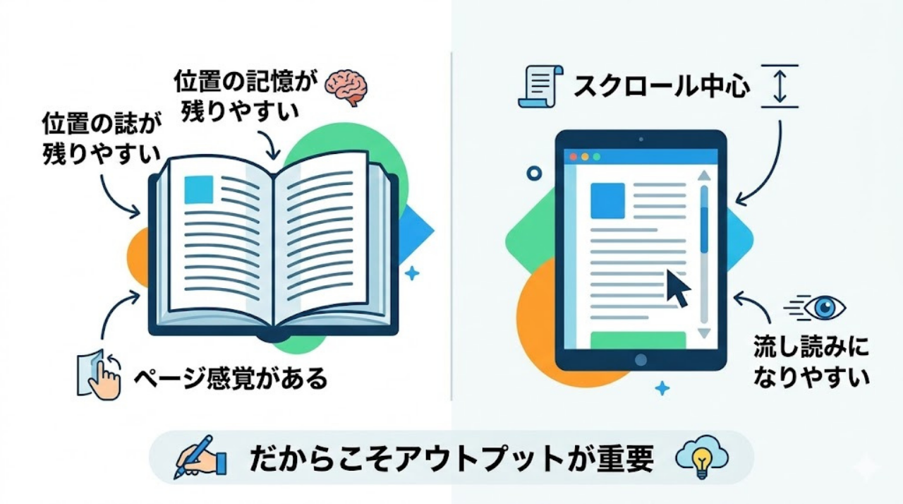 紙の本とiPad読書の違いを比較したインフォグラフィック