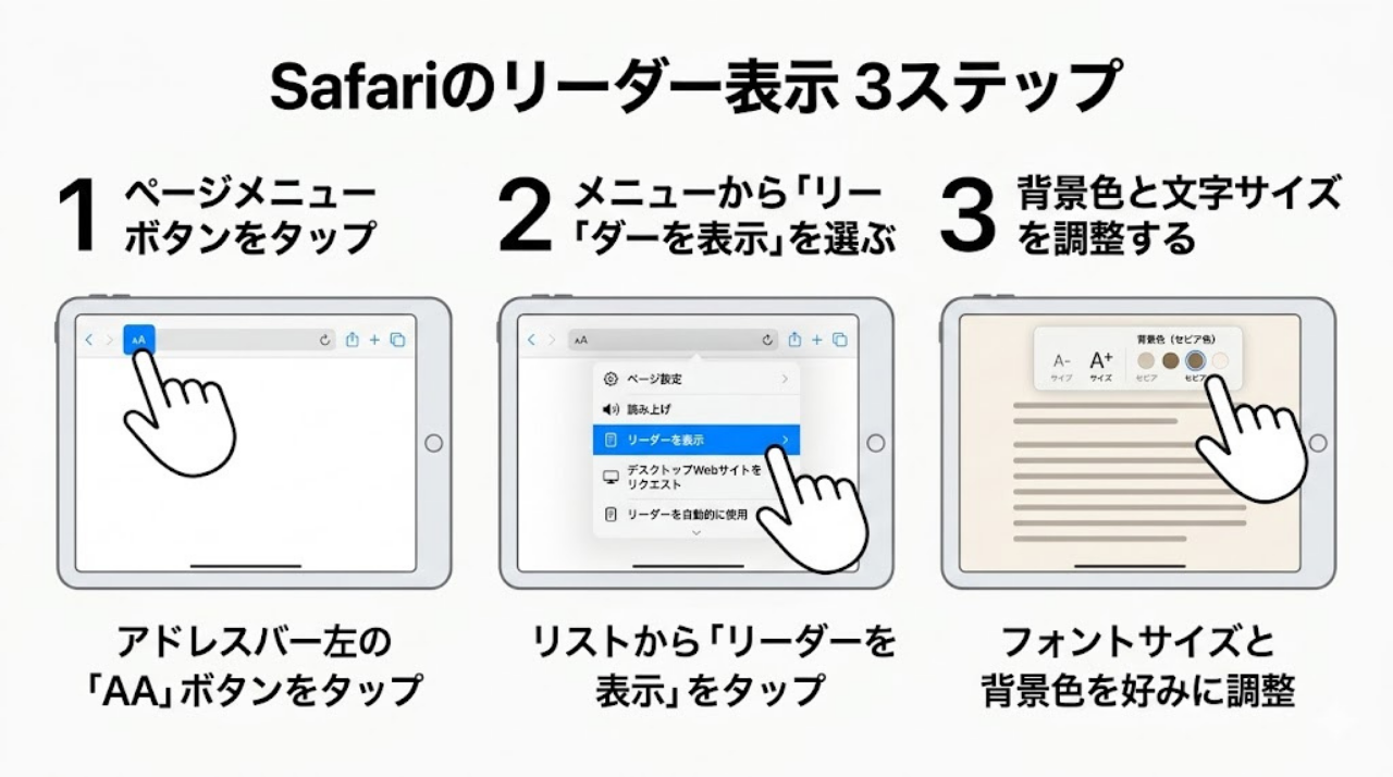 Safariのリーダー表示をオンにする手順を3ステップで示した図