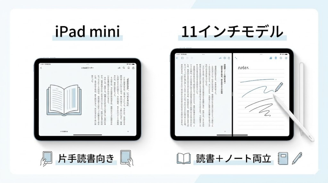 iPad miniと11インチモデルを比較するイメージ