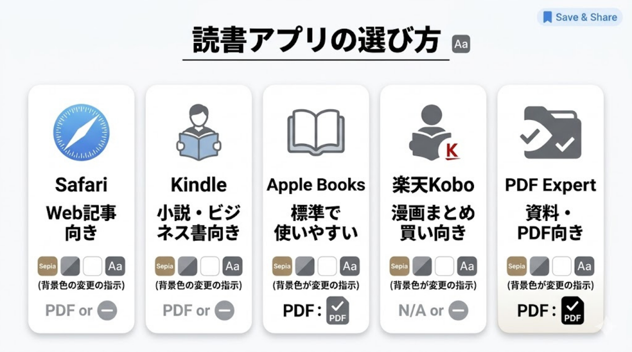 iPadで使える読書アプリの向き不向きを比較した図