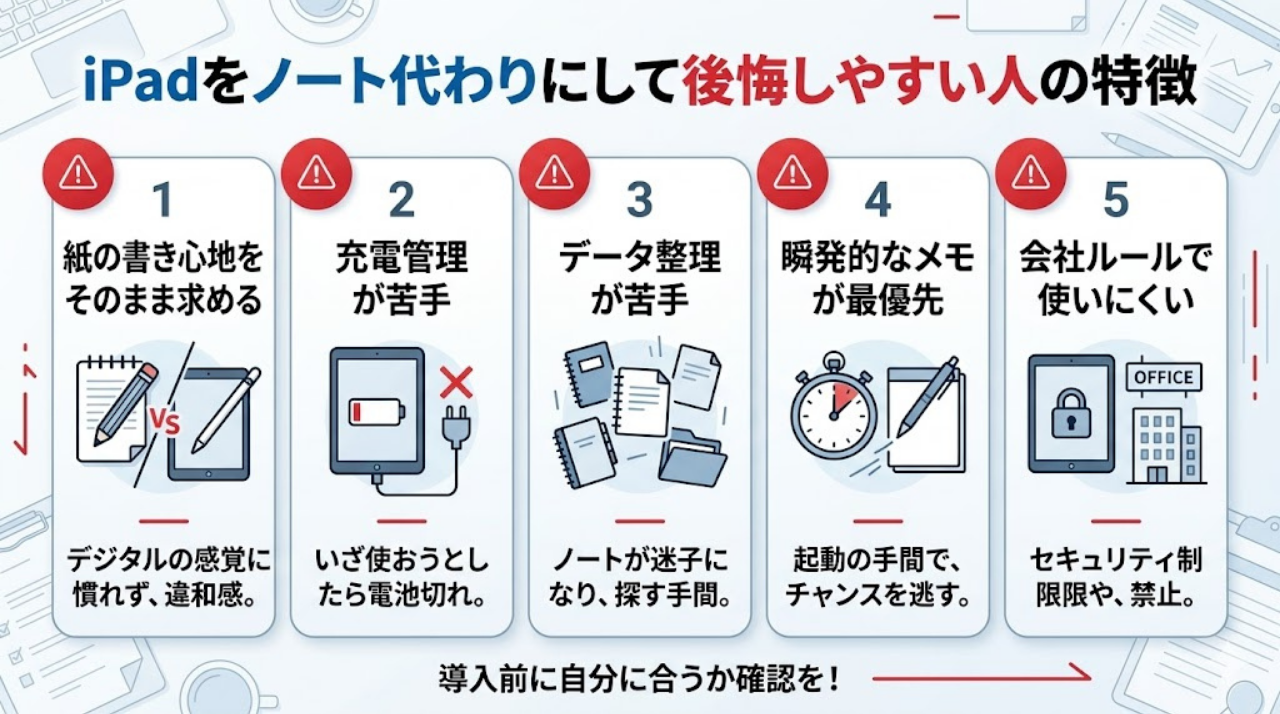 iPadをノート代わりにして後悔しやすい人の特徴をまとめた図