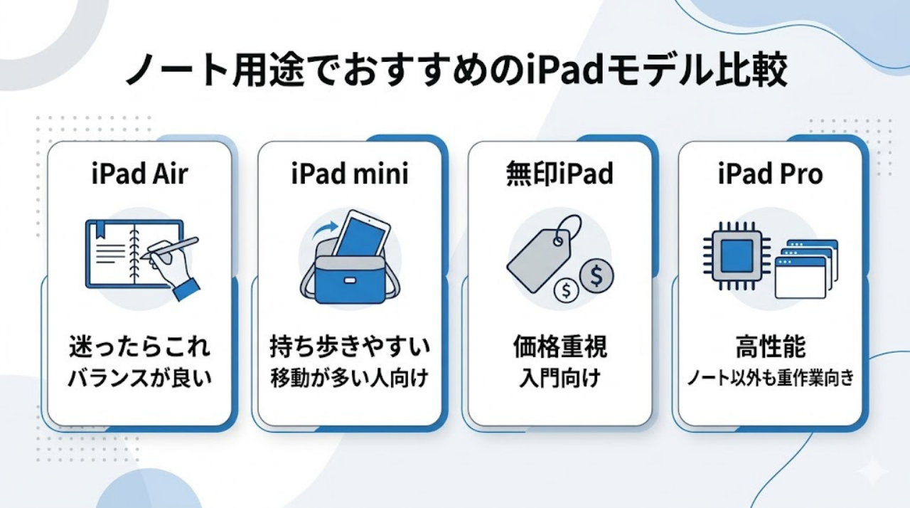 ノート用途でおすすめのiPadモデルを比較した図