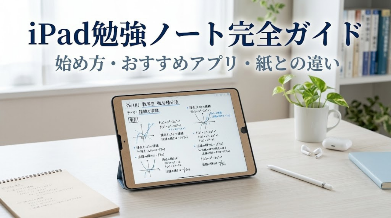 iPadで勉強ノートを取るイメージ。手書きノート画面と紙ノートを比較できる学習デスク