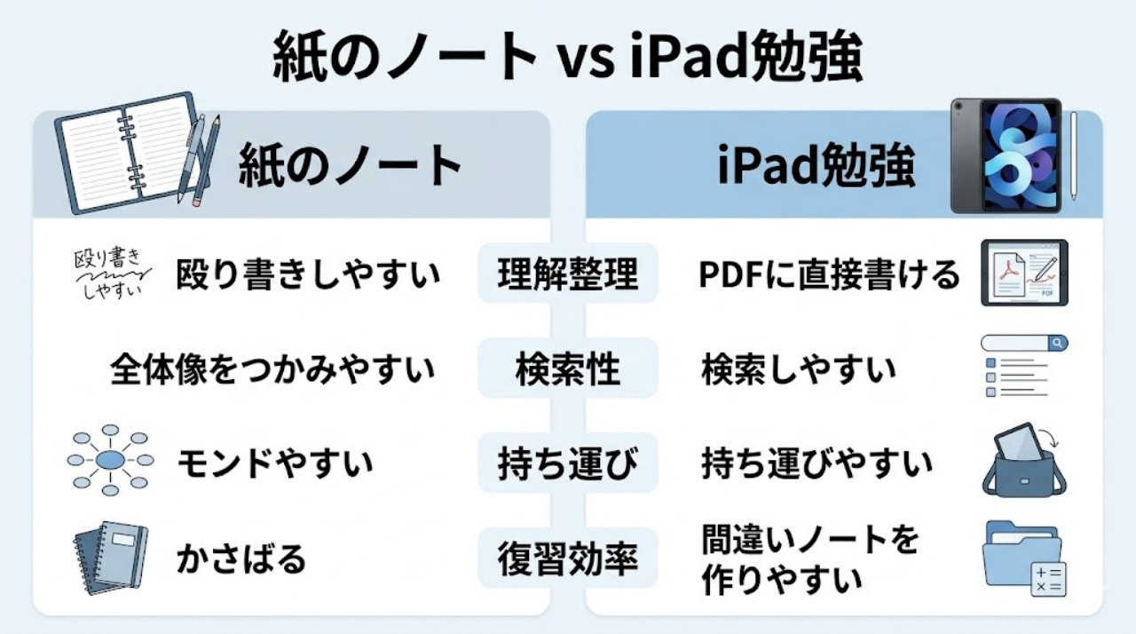 紙のノートとiPad勉強の違いを比較したインフォグラフィック