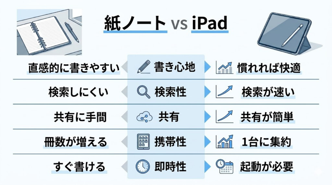 紙ノートとiPadの違いを比較したインフォグラフィック