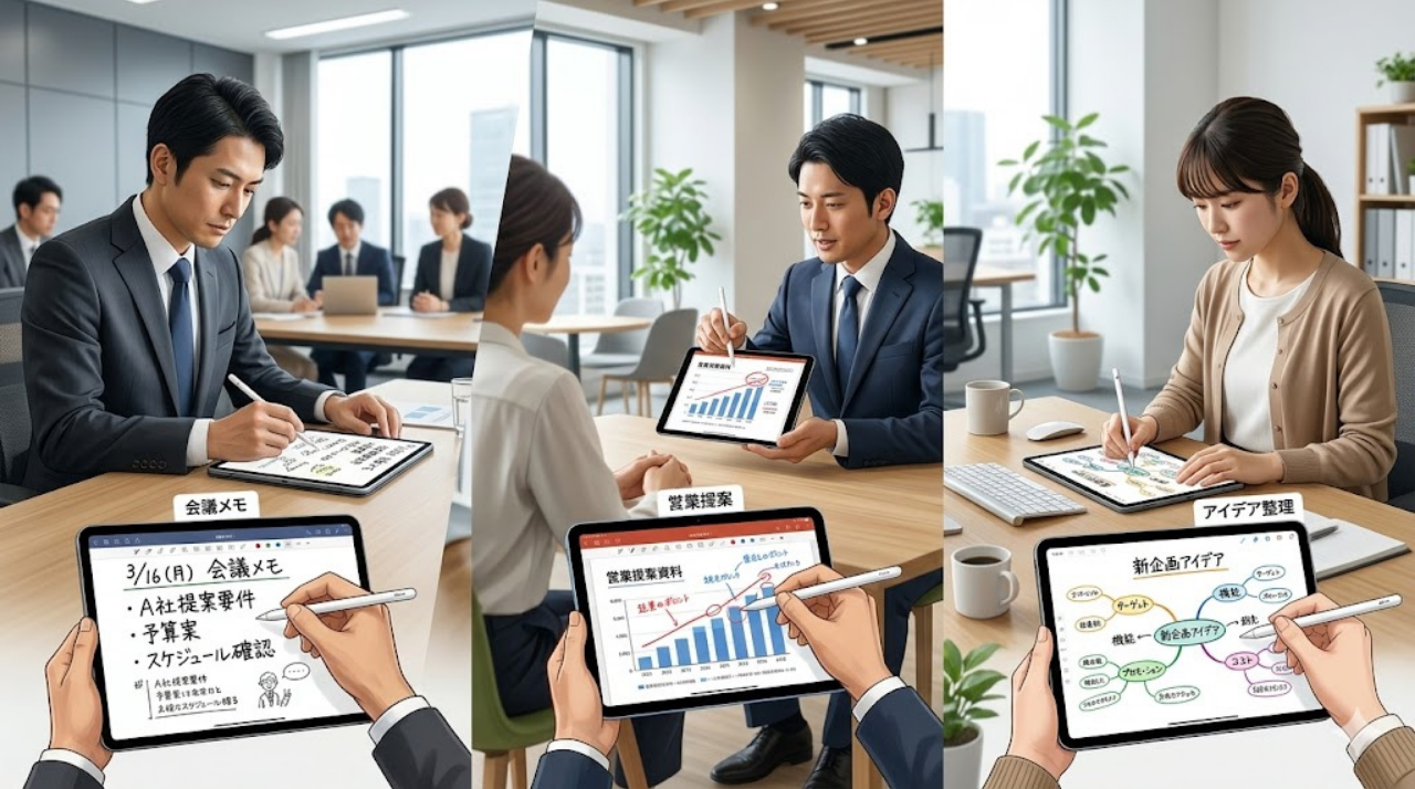iPadを会議メモや営業資料、アイデア整理に使う仕事シーン