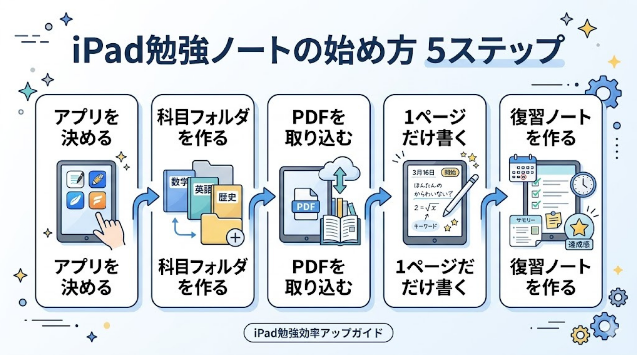 iPad勉強ノートを始めるための5ステップをまとめた図解