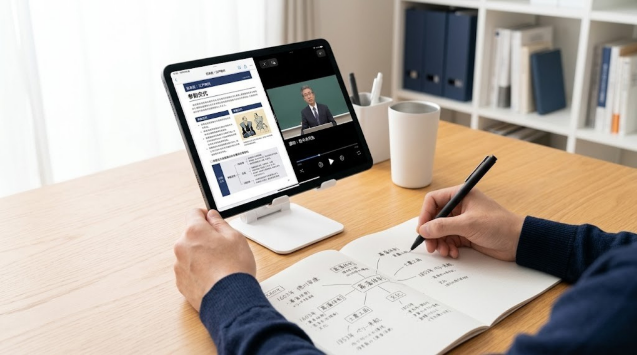 iPadで資料を見ながら紙ノートに書いて勉強するハイブリッド学習のイメージ