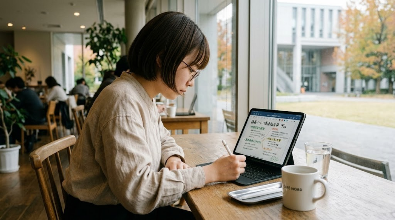 カフェでiPadを使って勉強する大学生のイメージ