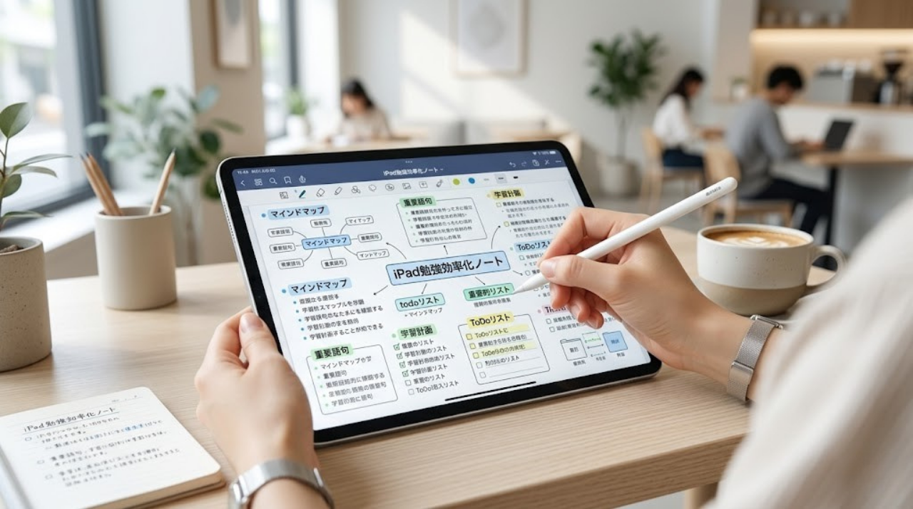 iPadでおしゃれに勉強しているように見える学習風景のイメージ
