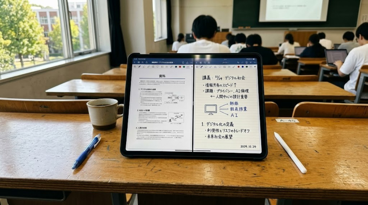 大学生がiPadで授業ノートを取っている様子(Split View表示)