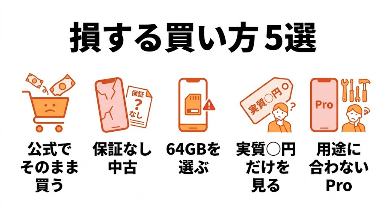 iPad購入でやってはいけない損する買い方5選をまとめた警告インフォグラフィック