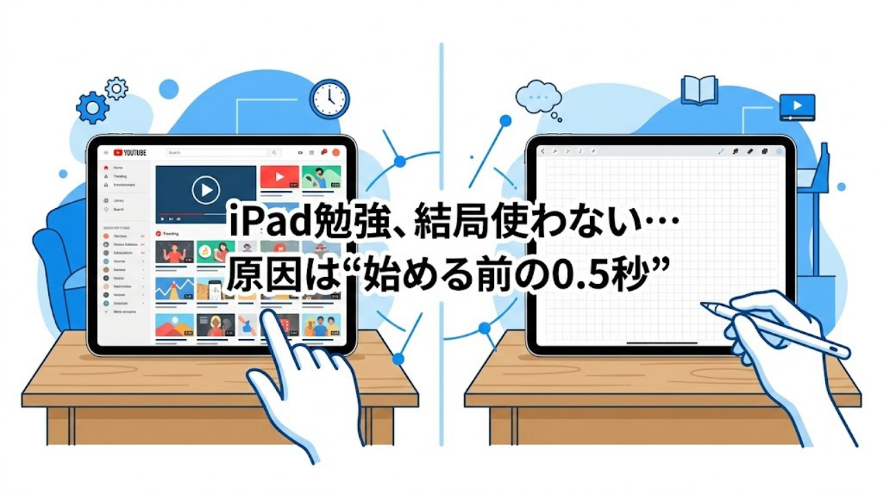 YouTubeが表示されたiPadと空白のノート画面。「iPad勉強、結局使わない…原因は始める前の0.5秒」という文字入りアイキャッチ画像