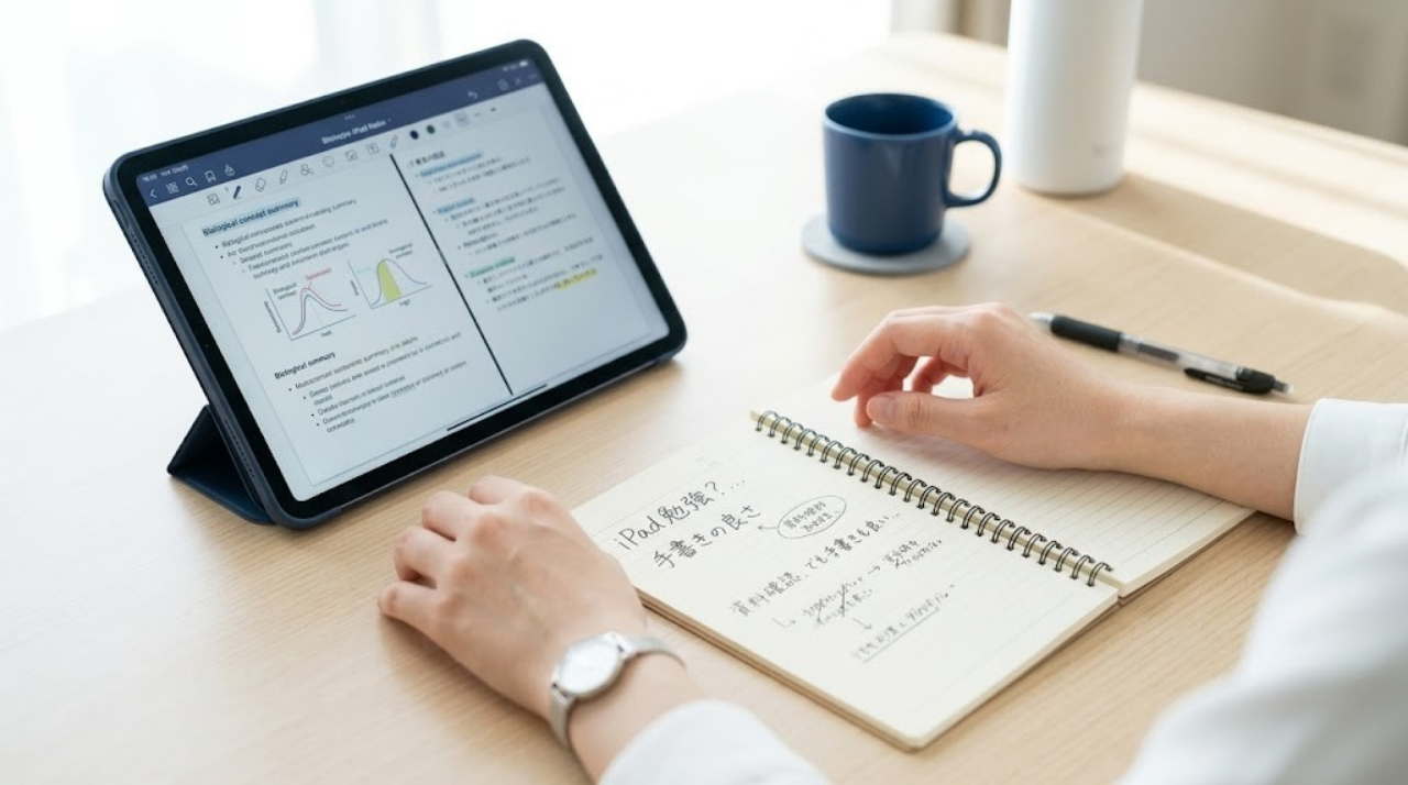 iPad勉強と紙のノートを比較しながら悩む学習者のイメージ