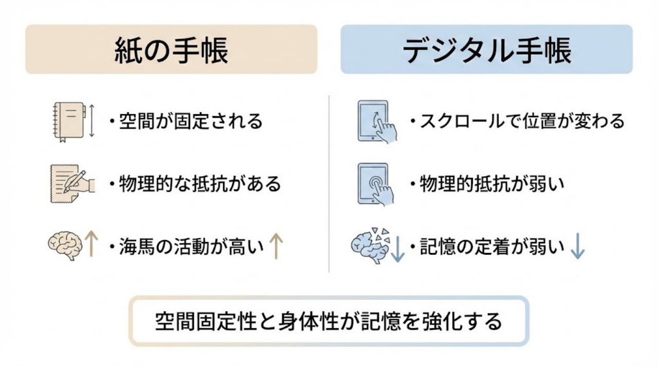紙とデジタルでの記憶定着の違いを示す図。空間固定性と流動性の比較。