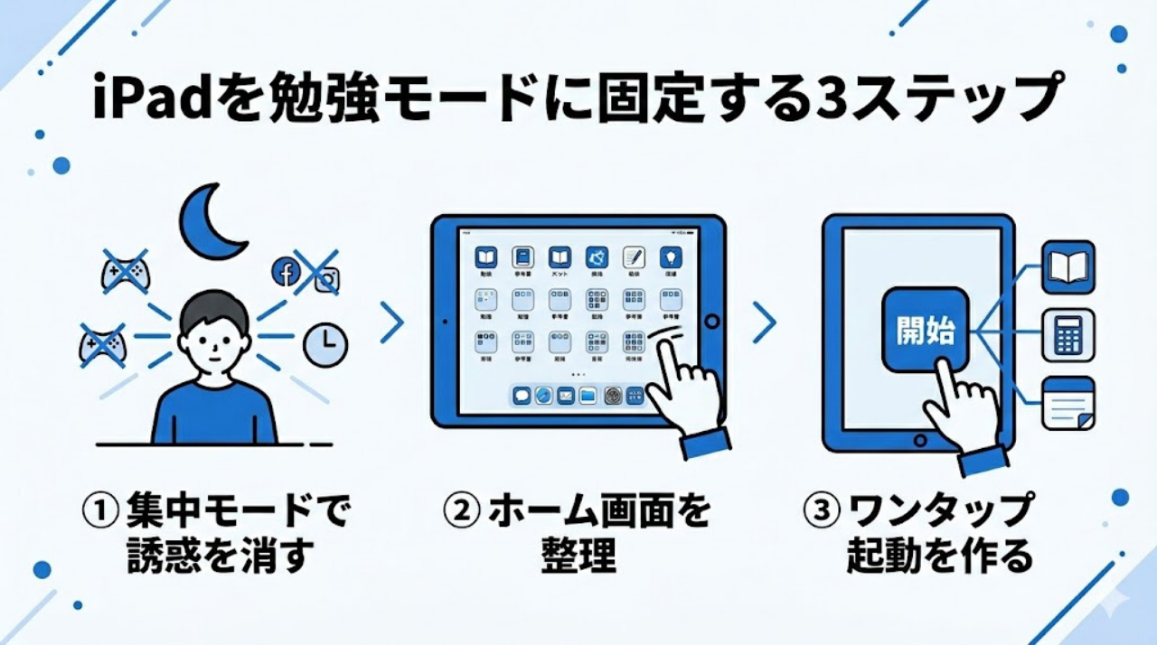 iPadを勉強専用機にするための3ステップ(集中モード、ホーム整理、ショートカット)の図解