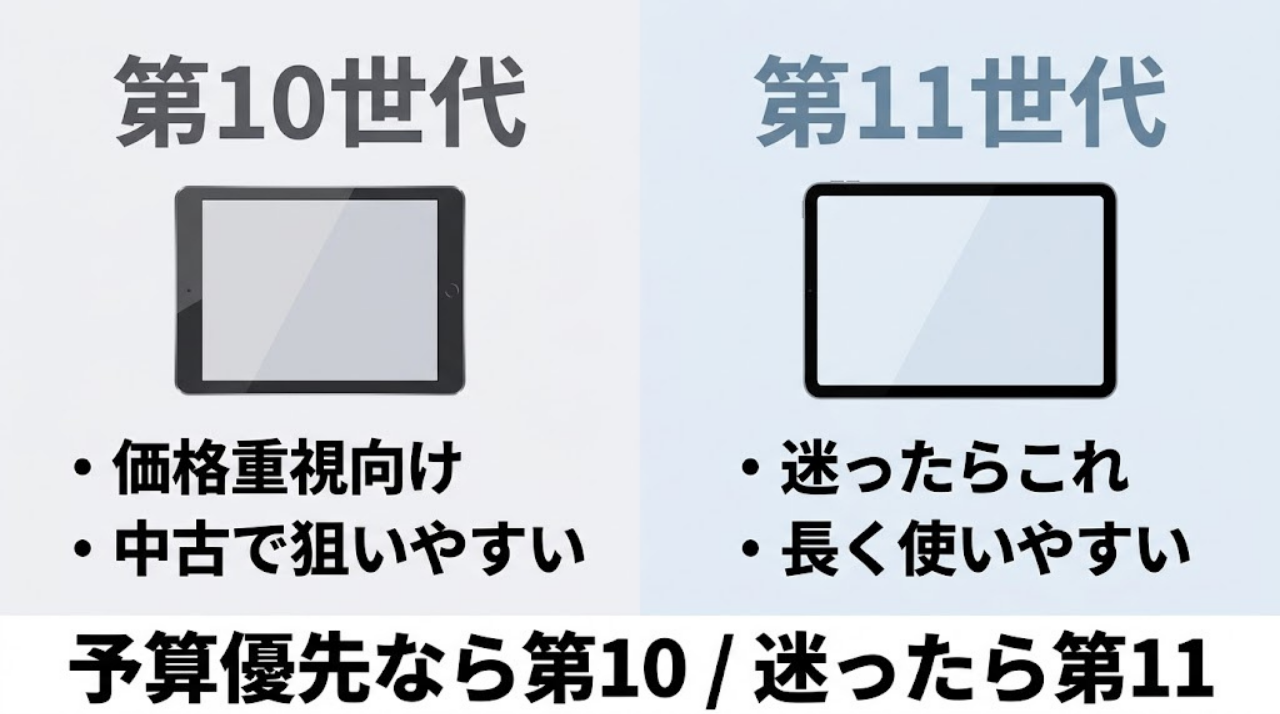 iPad第10世代と第11世代の違いを価格重視と長期利用の視点で比較した図