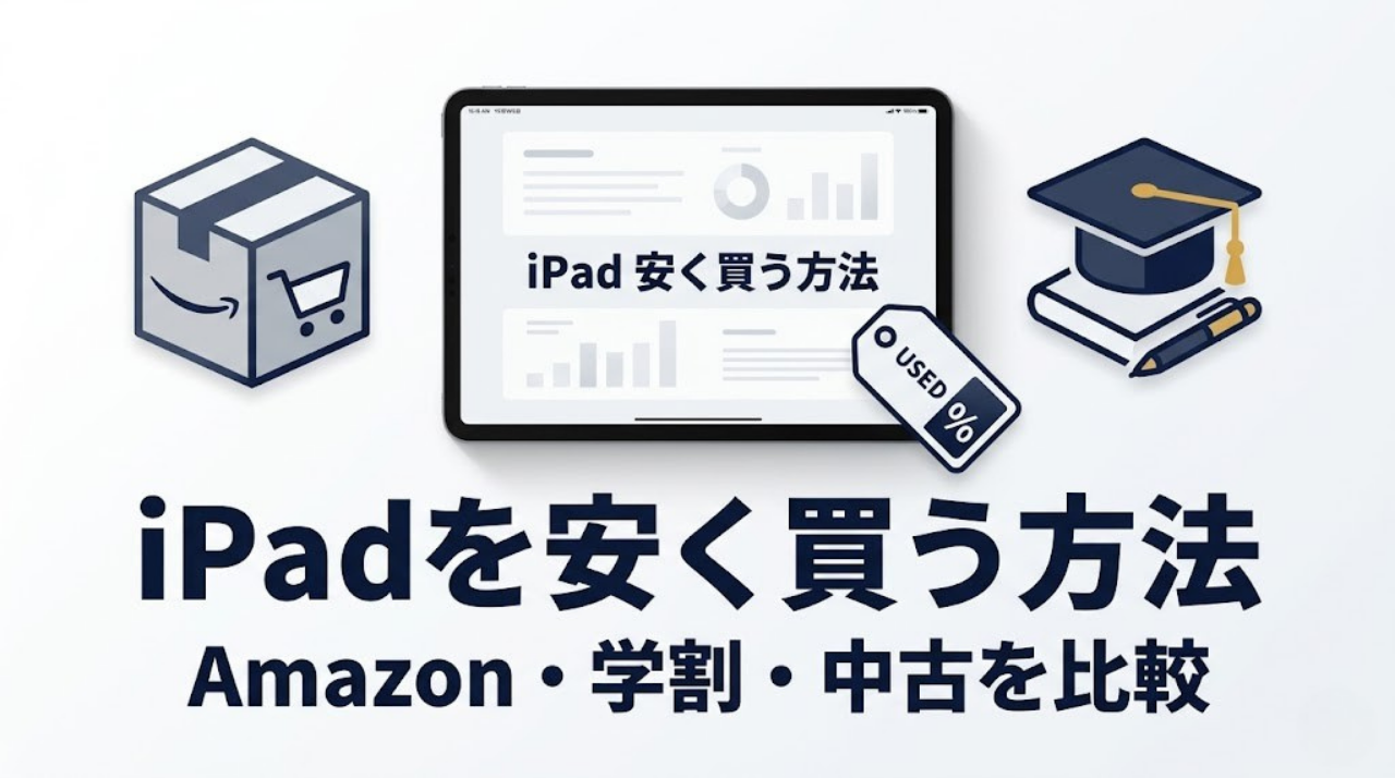 iPadを安く買う方法をAmazon・学割・中古の3ルートで比較する記事のアイキャッチ画像