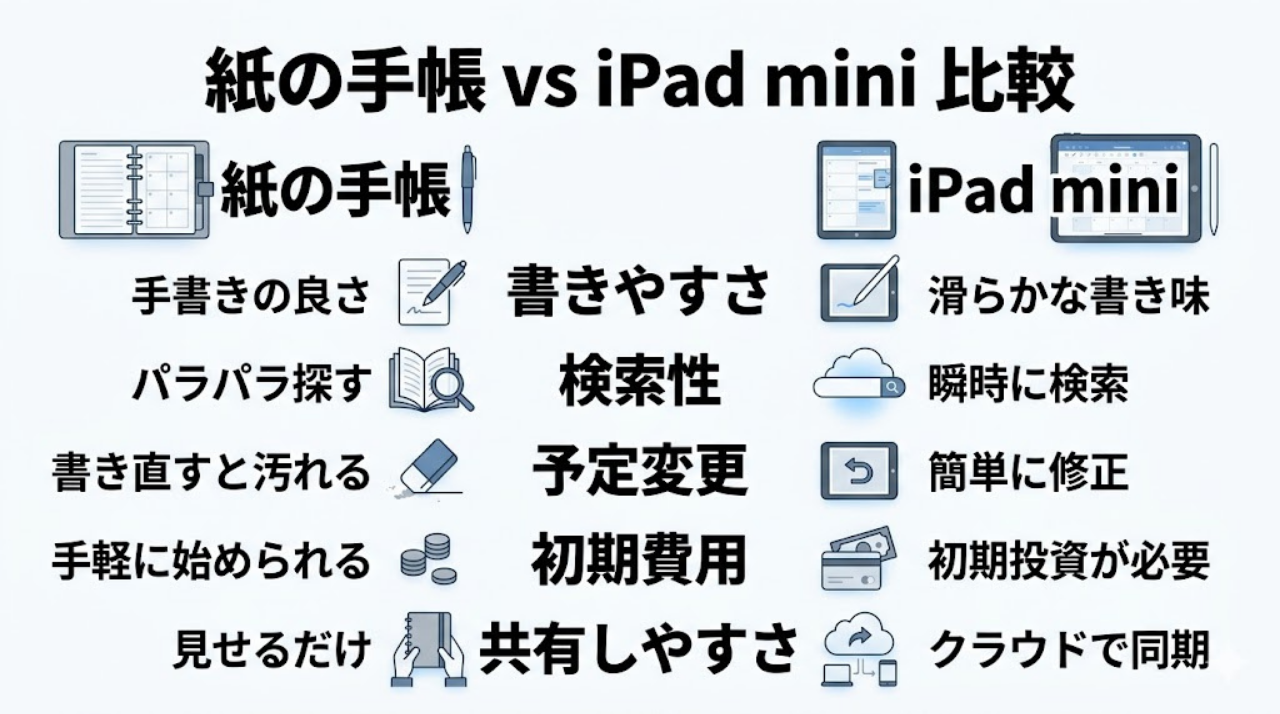 紙の手帳とiPad miniの違いを比較した日本語インフォグラフィック