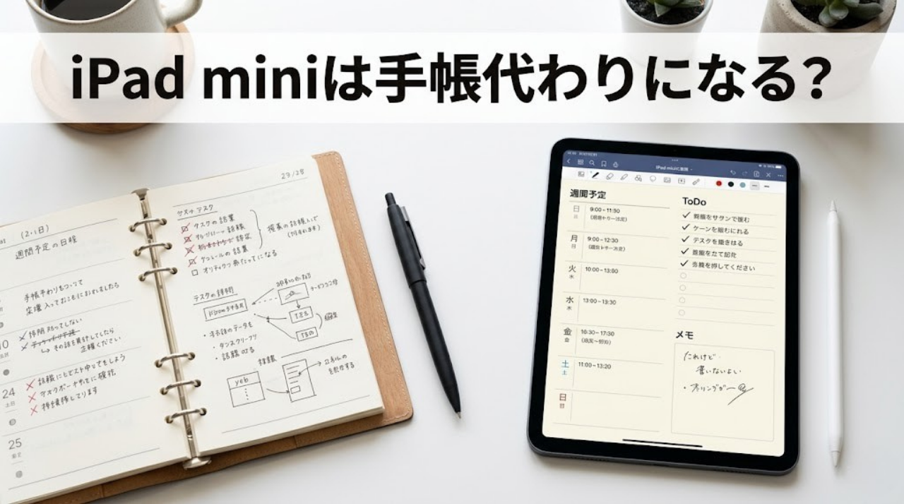紙の手帳とiPad miniを並べて比較しているデジタル手帳移行のイメージ画像