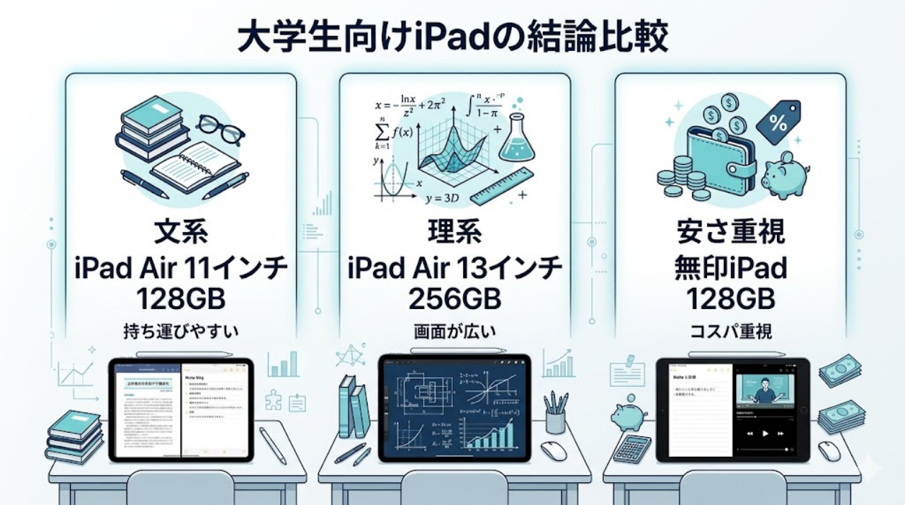 文系・理系・安さ重視の大学生向けにおすすめのiPadを3パターンで比較した図