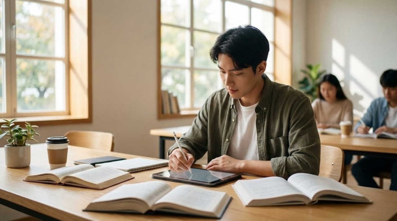 大学生がiPad Airでノートを取っている学習風景
