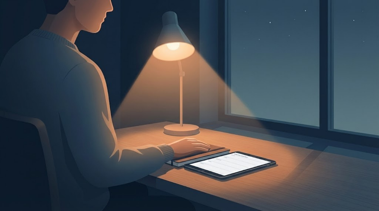 iPadの白紙画面を前に手が止まっている様子。デジタル手帳に挫折した静かな疲労感を表すイメージ