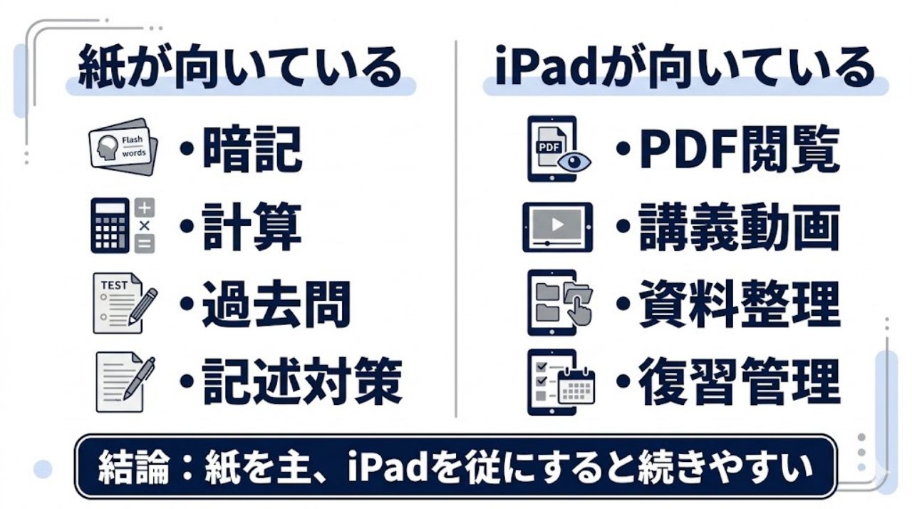 紙とiPadの使い分けを示した学習用インフォグラフィック