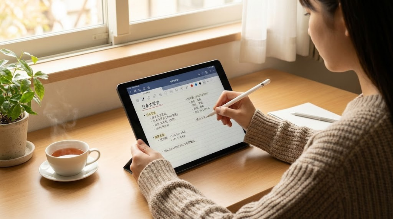 iPadで効率的に勉強している大学生のイメージ