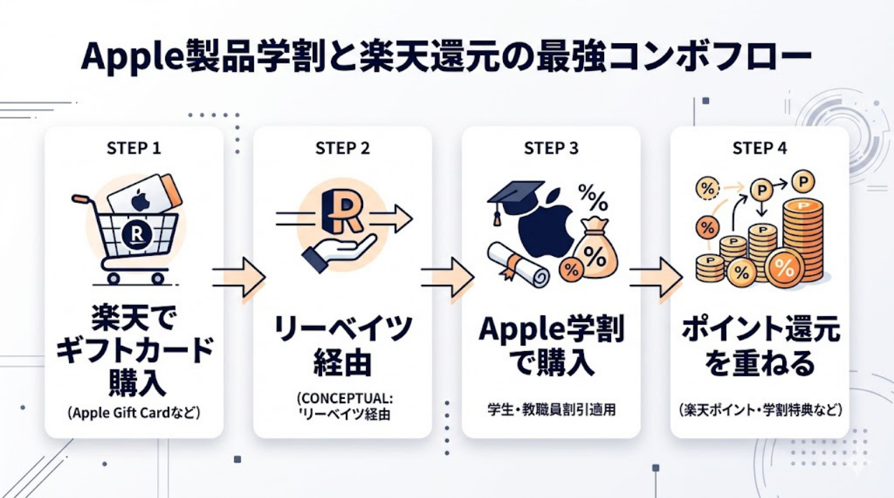楽天ギフトカード購入から楽天リーベイツ経由でApple学割購入までの流れを示した図
