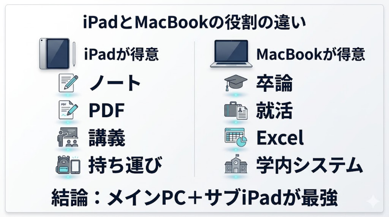 大学生活におけるiPadとMacBookの役割の違いを比較した図