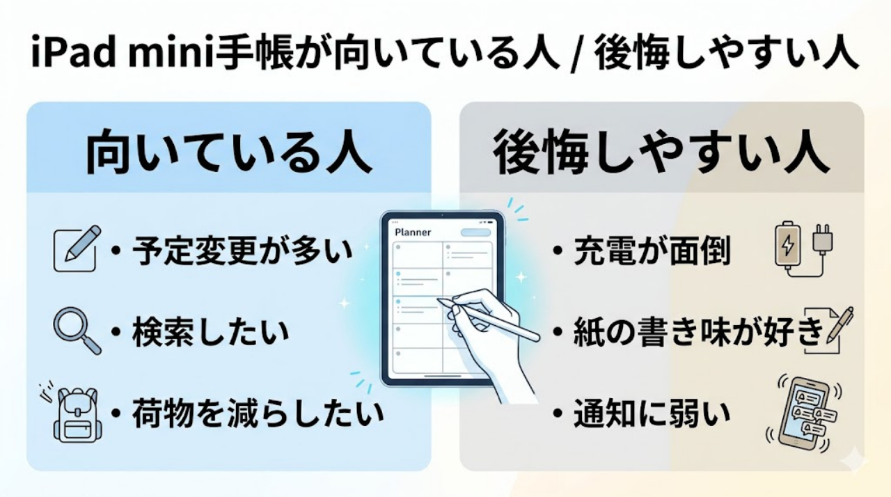 iPad miniを手帳代わりにするのに向いている人と後悔しやすい人の比較図