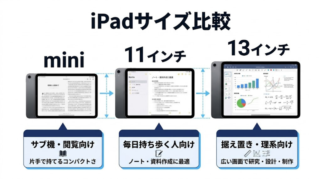 11インチ、13インチ、miniのiPadサイズの違いと向いている用途を比較した図2